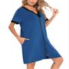 SWOMOG Women Zipper Front House Coat Short Sleeves Robe Zip up Bathrobes Short Nightgown with Pockets S-3XL Navy Small view 3