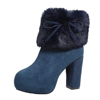 ZBYY Women's Suede Round Toe Ankle Boots Fashion Winter Warm Snow Boots Chunky High Heels Faux Fur Outdoor Platfrom Booties