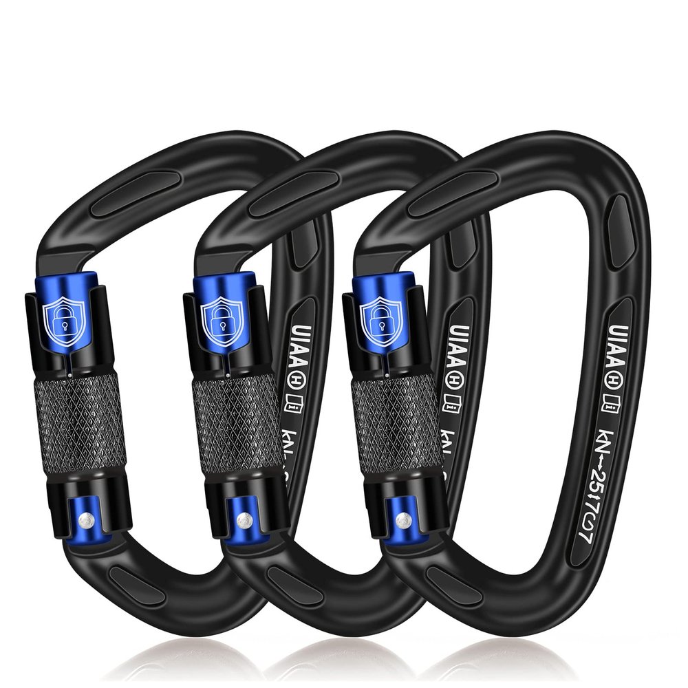 BEIFENG Auto Locking Carabiner 25KN Climbing Carabiner Large Carabiner Clip Obtained UIAA Certification Heavy Duty Carabiners Suitable for Rock Climbing, Camping, Gym,Rescue Black (Black&Blue3Pcs)