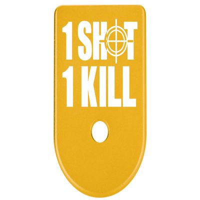 NDZ Performance Magazine Base Plate Finger Extension for Glock Gen 1-5 9MM .40 .357 SIG Laser Engraved Anodized Aluminum in Gold - 1 Shot 1 Kill Crosshairs 2 Line