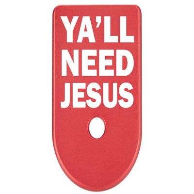 NDZ Performance Magazine Base Plate Finger Extension for Glock Gen 1-5 9MM .40 .357 SIG Laser Engraved Anodized Aluminum in Red - Y'all Need Jesus Text