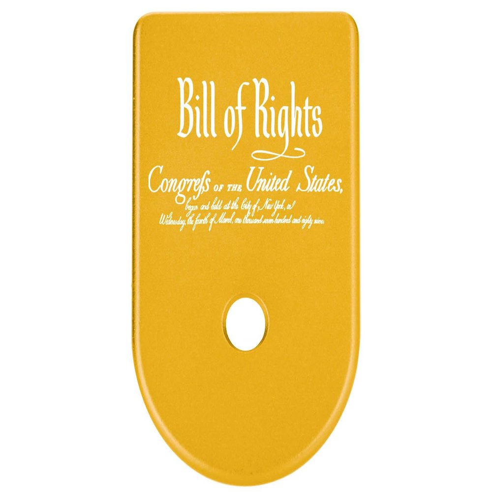 NDZ Performance Magazine Base Plate Finger Extension for Glock Gen 1-5 9MM .40 .357 SIG Laser Engraved Anodized Aluminum in Gold - Bill of Rights Script Text