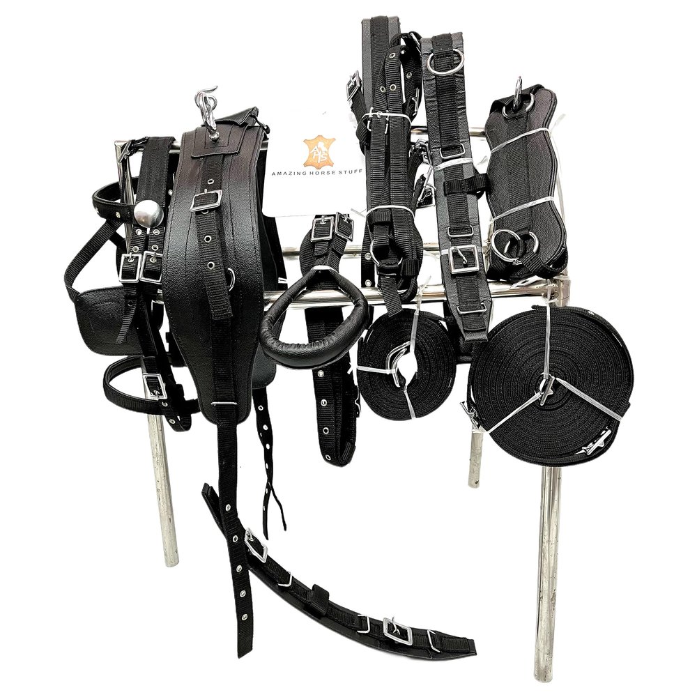 AMAZING HORSE STUFF Nylon Driving Harness for Horse Cart, Heart Shaped Studd & Sparkling Stones on Browband (Full, Cob, Pony, Shetland, Mini, Black) (Mini)