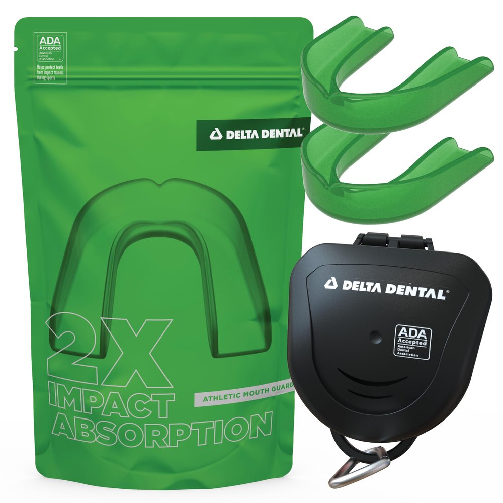 Delta Dental Athletic Sports Mouth Guard - ADA Accepted - 2X The Impact Absorption of Traditional mouthguards for Contact Sports - Works with Braces (Adult, Green) 2 Pack