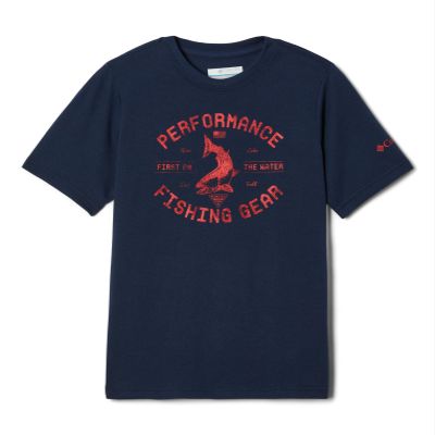 Columbia Youth Boys PFG Short Sleeve Seasonal Graphic Tee, Collegiate Navy/Red Spark Castaway Tuna, Medium