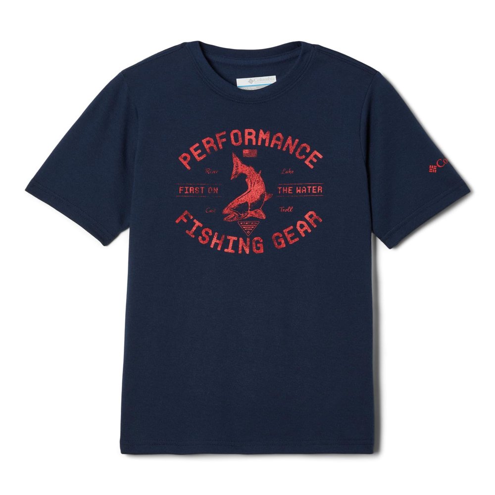 Columbia Youth Boys PFG Short Sleeve Seasonal Graphic Tee, Collegiate Navy/Red Spark Castaway Tuna, Medium