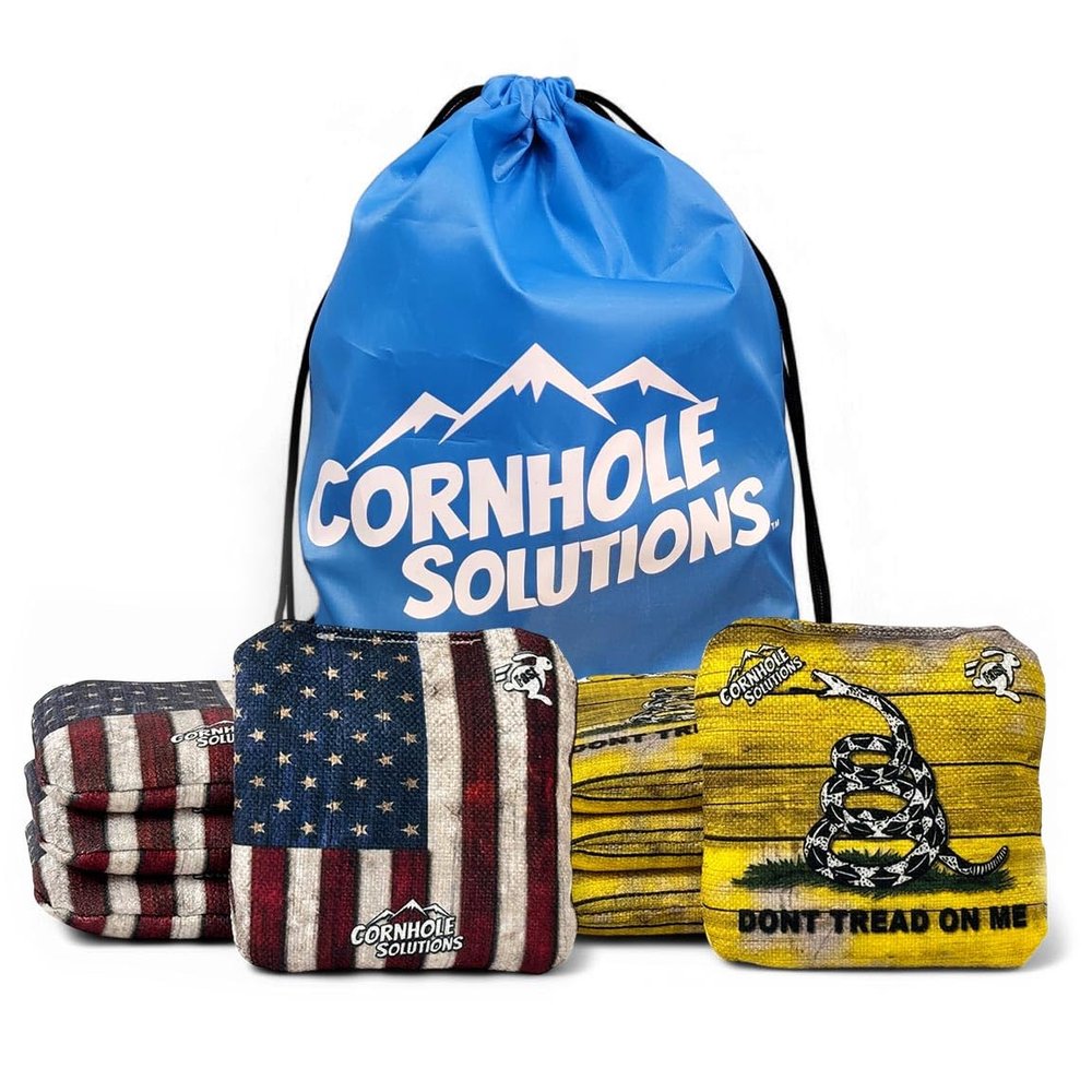 Cornhole Solutions Cornhole Bags Set of 8  Regulation Pro Style 6x6  USA Flag Designs  Resin Filled + Tote Bag (DTOM/Flag)