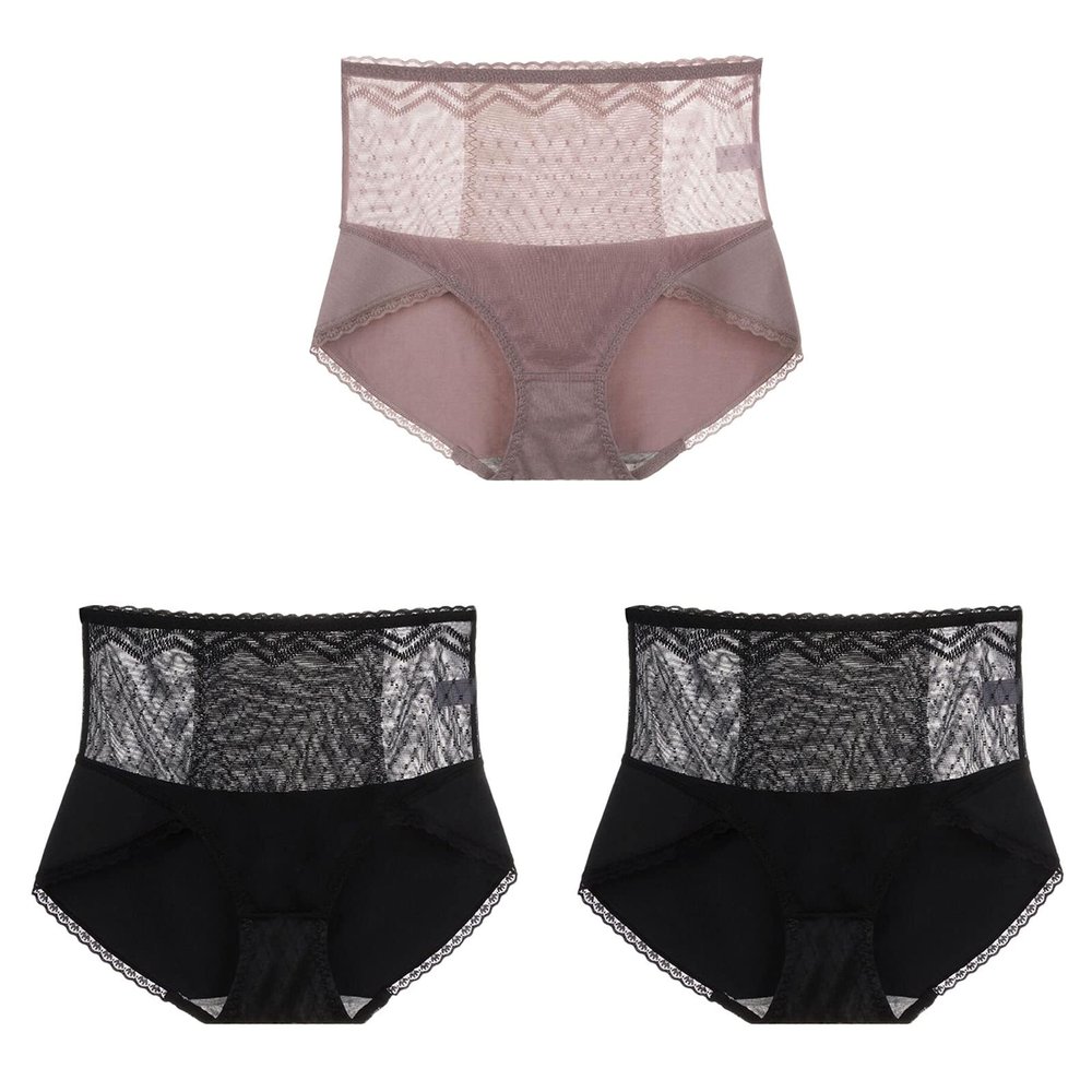 3PCS Women's High-Rise Sexy Lace Panties Solid Cotton Abdomen Hip-Lifting Briefs Hollow Out Mom Lingerie Underwear Large Size (Color : 3 Pcs Combination 6, Size : XL (55-65kg))