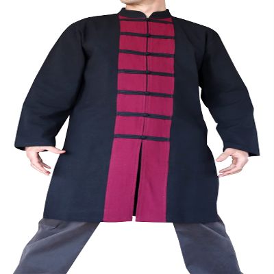 Svenine Chinese Collar Knee Length Kung Fu Jacket or Long Cotton Mandarin Shirt, Large, Muang Black and Muang Dark Red