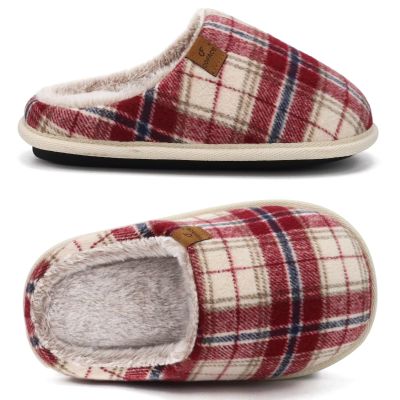 COFACE Mens Red Flano Plaid Cozy Memory Foam scuff Slippers Slip On Warm House Shoes Indoor/Outdoor With Best Arch Support Size 15