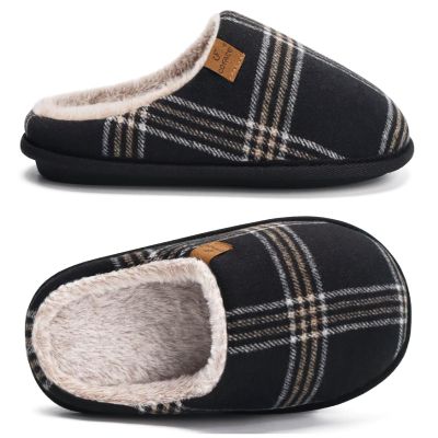 COFACE Mens Black Flano Plaid Cozy Memory Foam scuff Slippers Slip On Warm House Shoes Indoor/Outdoor With Best Arch Support Size 15