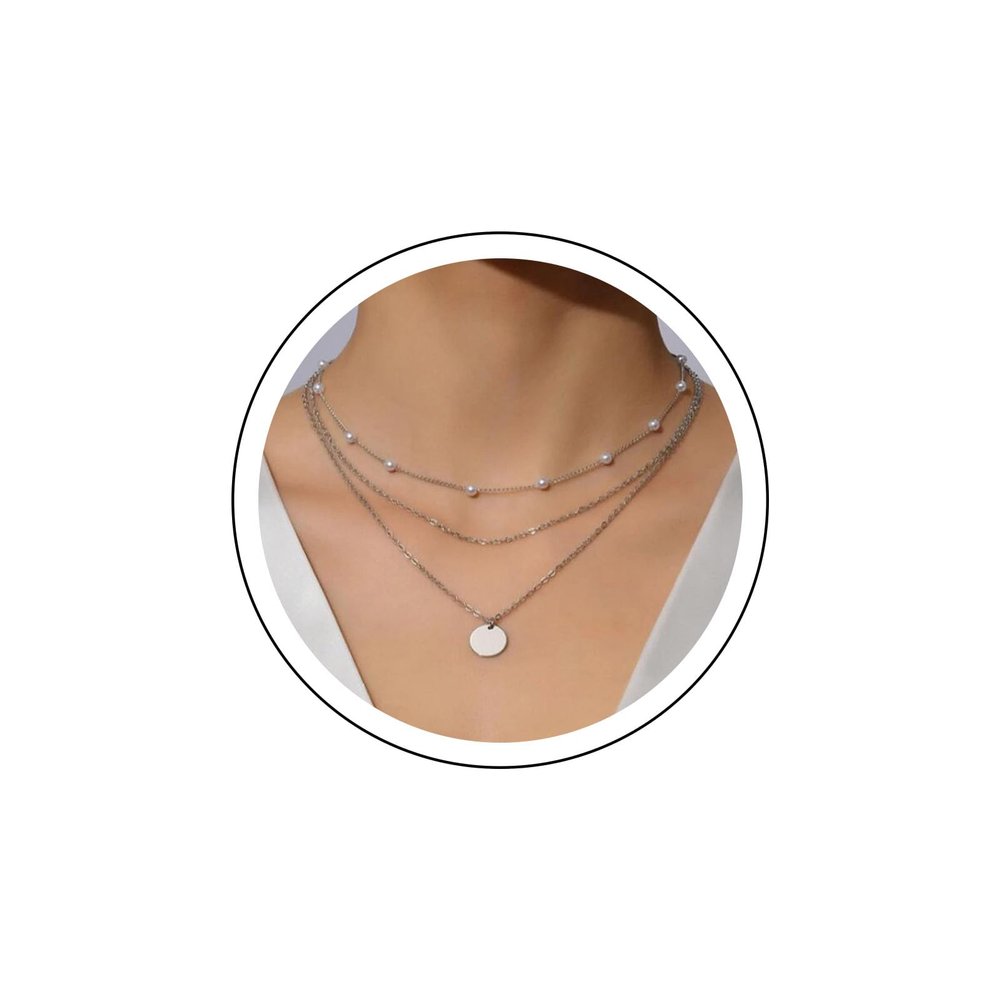 Andelaisi Boho Layered Disc Coin Choker Necklace Silver Pearl Necklace Choker Vintage Station Pearl Necklace Multilayer Coin Pendant Necklace Jewelry for Women
