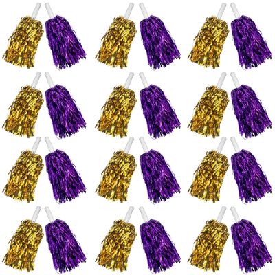 24PCS Cheerleading Pom Poms Bulk Metallic Foil Pom Poms with Baton Handle for Game Sports Squads Dancing Party Football Basketball Club Spirit Sports Stage Performance Celebration Gold Purple