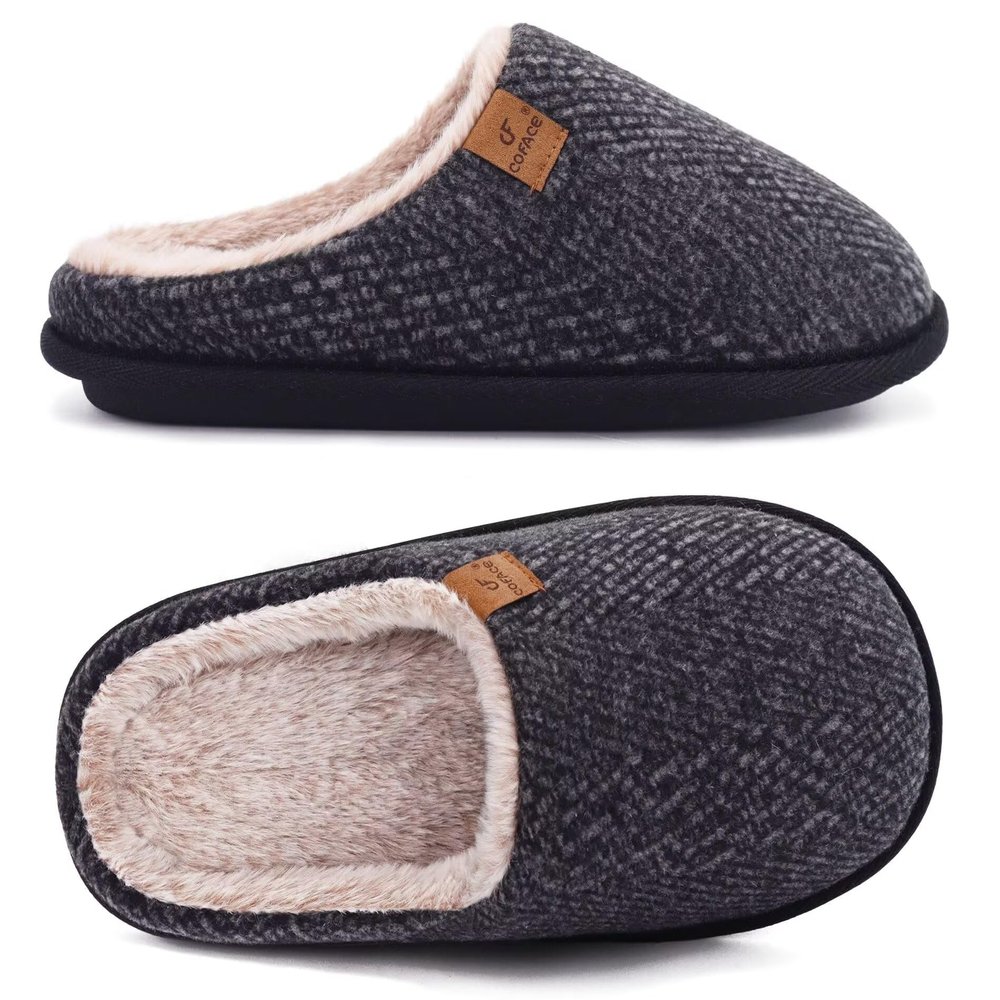 COFACE Mens Black Woolen Cozy Memory Foam scuff Slippers Slip On Warm House Shoes Indoor/Outdoor With Best Arch Support Size 14