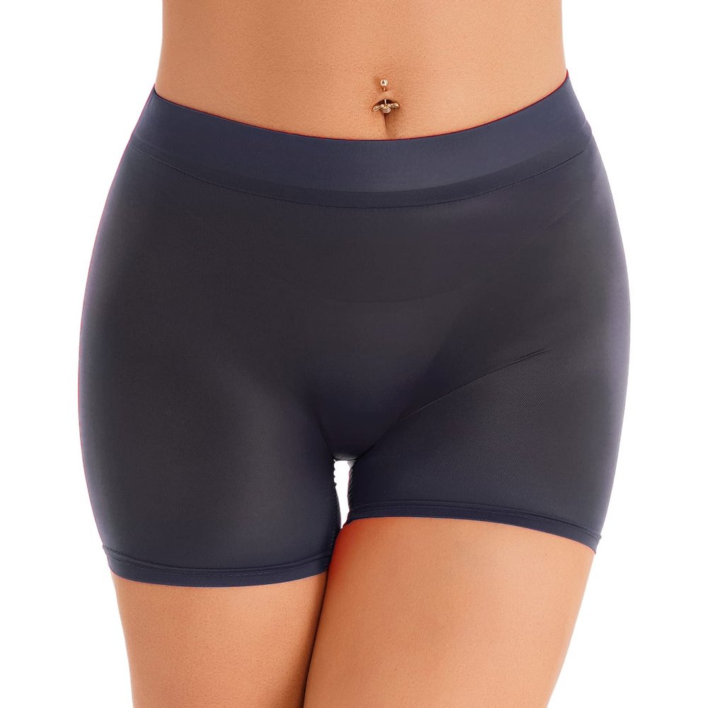 ACSUSS Women Glossy Seamless Biker Shorts Solid Fitness Shorts Low Waist Workout Short Leggings Dark Grey One Size