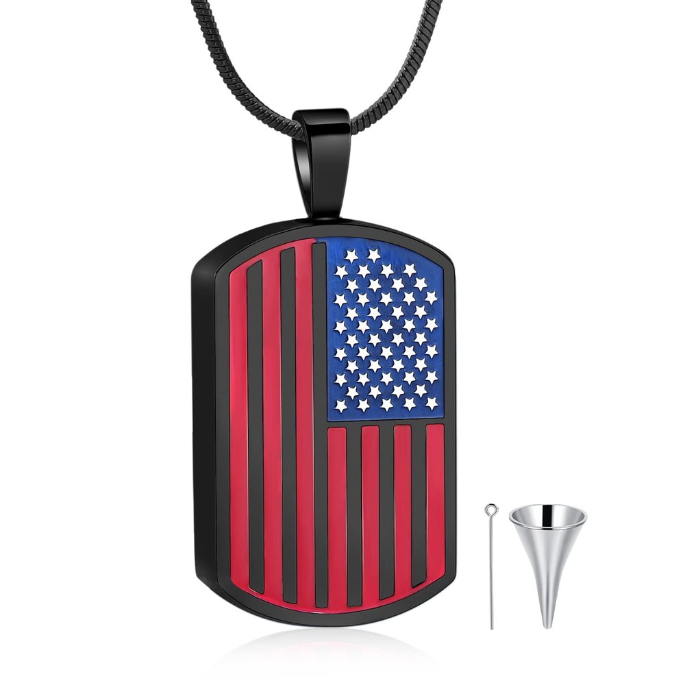 AIWENXI American Flag Dog Tag Necklace Cremation Urn Pendant Memorial Keepsake Ashes US National Flag Charm Plated Patriot Necklace for Men Women
