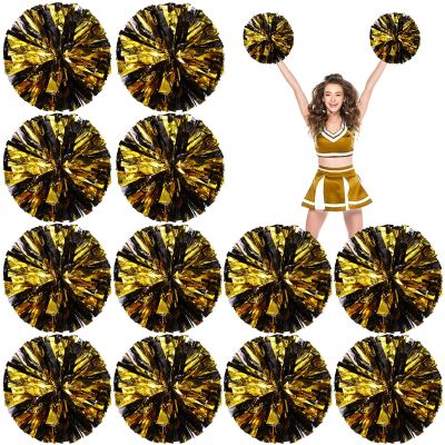 Deekin 12 Pcs Cheerleading Pom Poms Cheerleader Squad Spirited Fun Pompoms 12 Inch Metallic Foil Cheer Pom Poms with Handle Flowers for Sport Team Dance Costume Party 50g Weight Each(Black and Gold)