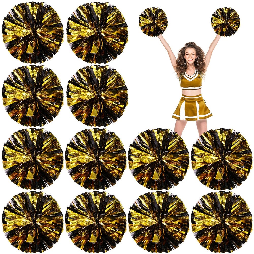 Deekin 12 Pcs Cheerleading Pom Poms Cheerleader Squad Spirited Fun Pompoms 12 Inch Metallic Foil Cheer Pom Poms with Handle Flowers for Sport Team Dance Costume Party 50g Weight Each(Black and Gold)