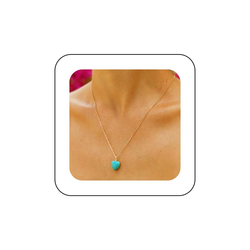 Andelaisi Boho Heart Pendant Necklace - Gold Turquoise Choker - Vintage Blue Gemstone Jewelry for Women