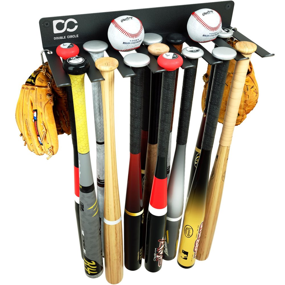 Double Circle Baseball Bat Holder For Wall - Bat Rack Wall Mount - Holds 21 Bats - Heavy Duty Metal Storage Organizer With Hardware Kit