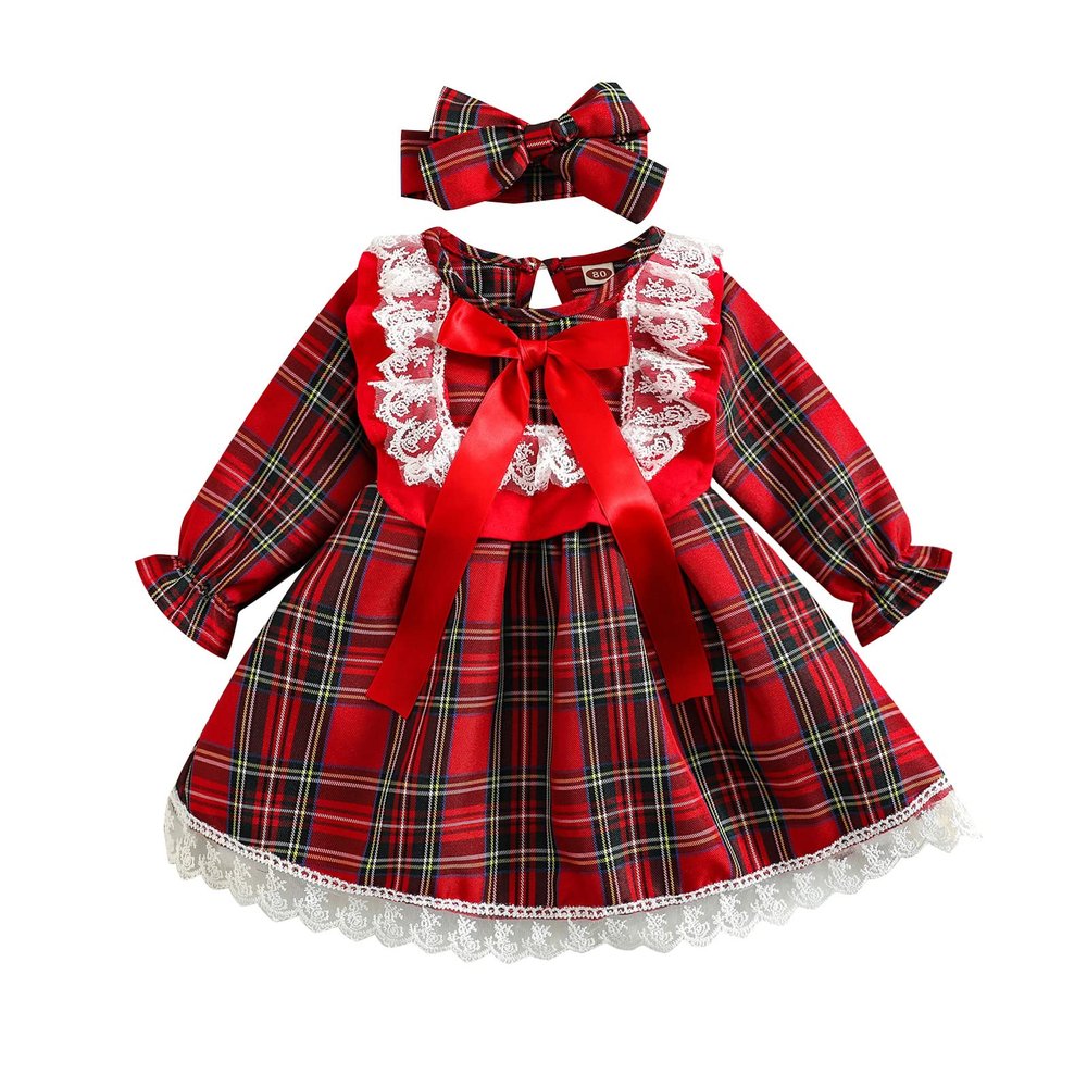FIOMVA Toddler Baby Girl Christmas Dress Red Plaid Tutu Skirt Party Princess Dresses Fall Winter Clothes Outfit (Red Bowknot,6-12 Months)