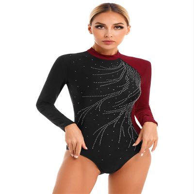 dPois Womens Gymnastics Leotards Long Sleeve Shiny Dance Ballet Performance Unitards Bodysuit Top Dancewear Burgundy Small