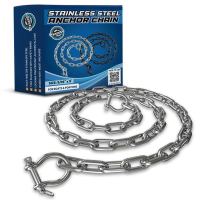 WAVESRX Stainless Steel Anchor Chain for Boats, Jet Skis & PWC | Premium Marine Grade Zero-Rust Boat Anchor Stainless Steel Chain with Anti-Lost Dual Link Shackles | Must-Have Boat Accessories | 5 FT