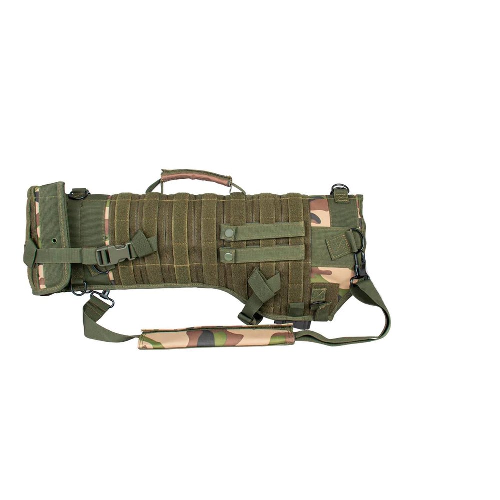 Fox Outdoor Products Gear Scabbard, 29x10" Soft Carry Case with Padded Foam Interior, Removable Shoulder Strap, MOLLE Webbing, D-Rings, Water-Resistant Shell, Woodland Camo