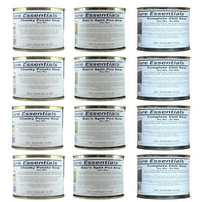 SAFECASTLE Freeze Dried Emergency Survival Canned Soup (Bacon & Split Pea, Chunky Potato, Dry Chili Soup) Long Storage Variety Food #2.5 Can Hiking, Backpacking & Camping | Easy Prep Shelf Pack of 12