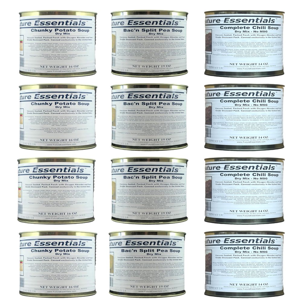 SAFECASTLE Freeze Dried Emergency Survival Canned Soup (Bacon & Split Pea, Chunky Potato, Dry Chili Soup) Long Storage Variety Food #2.5 Can Hiking, Backpacking & Camping | Easy Prep Shelf Pack of 12