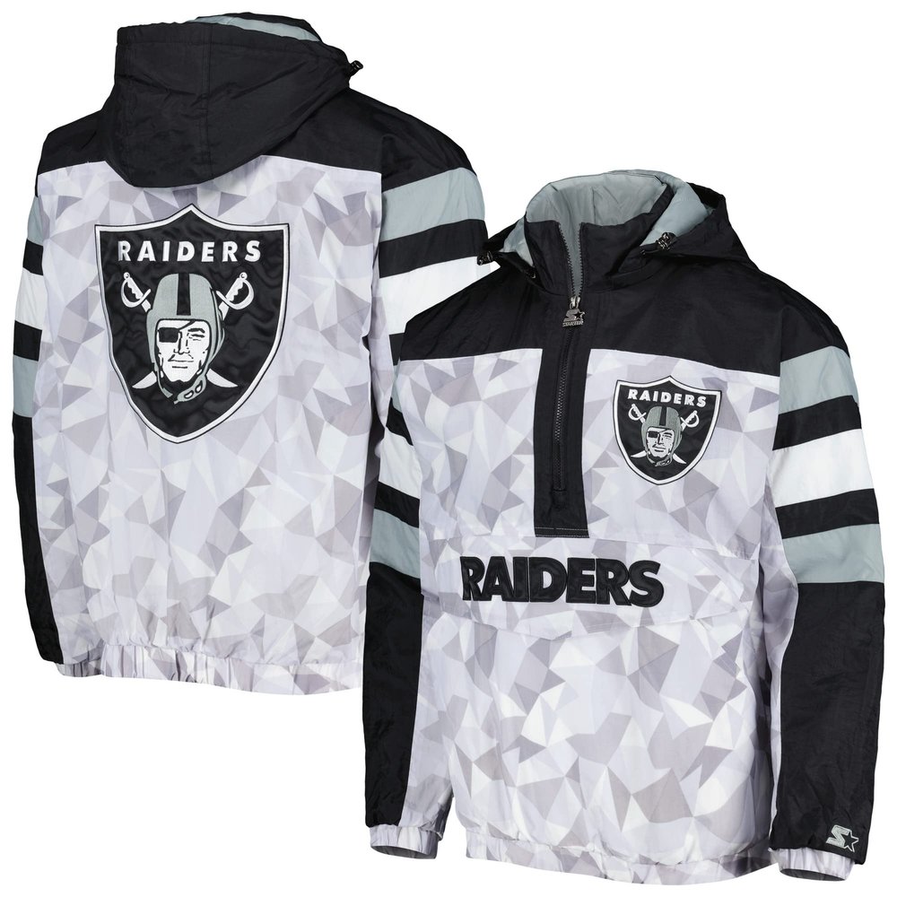 STARTER Men's White/Black Las Vegas Raiders Thursday Night Gridiron Raglan Half-Zip Hooded Jacket