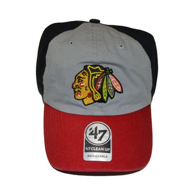 '47 Chicago Blackhawks Tri-Color Clean Up Adjustable Cap - NHL, Relaxed Fit, Baseball Dad Hat Gray, One Size