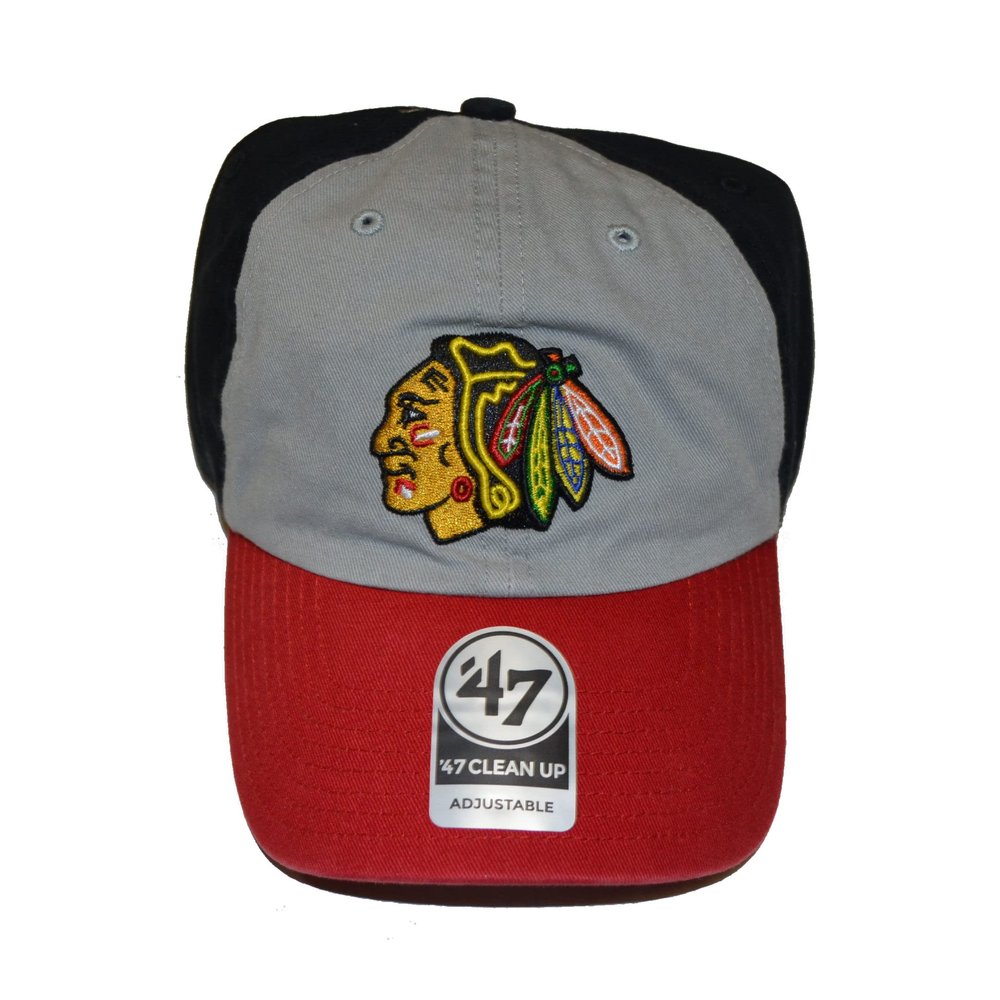 '47 Chicago Blackhawks Tri-Color Clean Up Adjustable Cap - NHL, Relaxed Fit, Baseball Dad Hat Gray, One Size