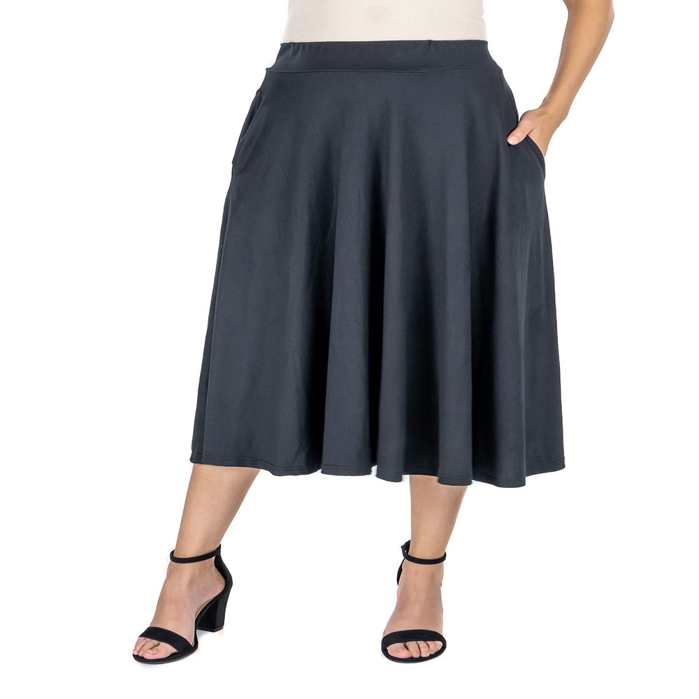24seven Comfort Apparel Elastic Waist Pleated Pocket Midi Skirt Black