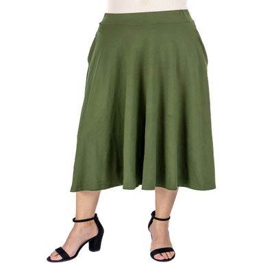24seven Comfort Apparel Elastic Waist Pleated Pocket Midi Skirt Olive