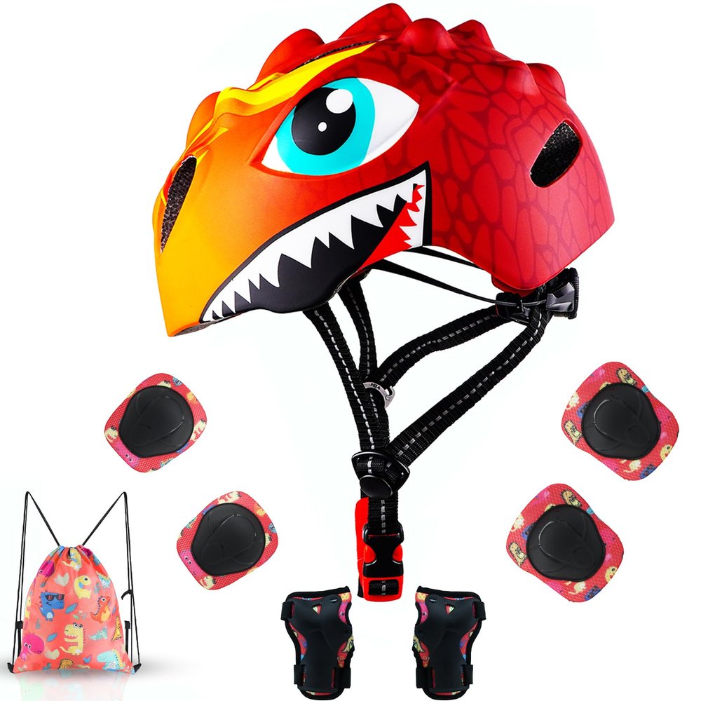 Toddler Helmet Kids Bike Helmet for 2 3 4 5 6 7 8 Years Old Girls with 3D Dinosaur Design Protective Gear Set and Safety Certified, Toddler Bike Cycling Skating Skateboard Scooter Helmet (Red)