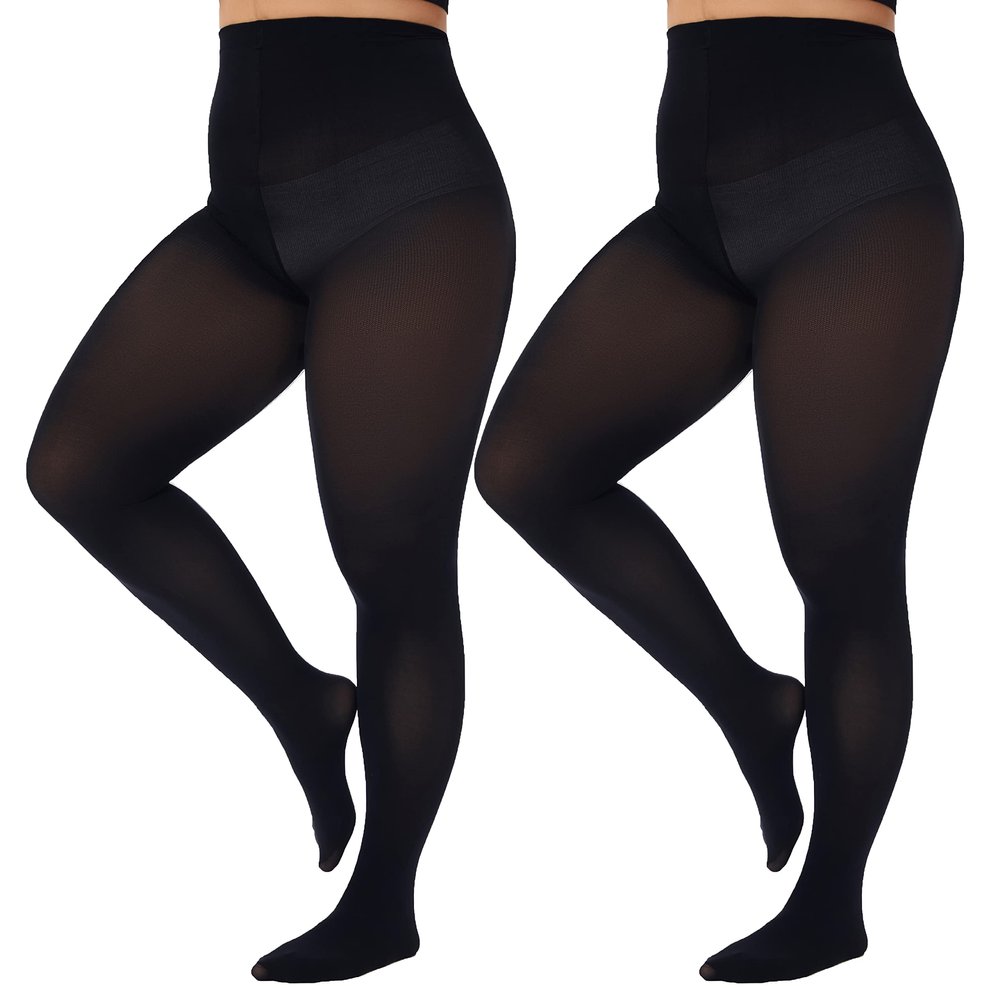 CozyWow Plus Size Tights for Women 80D Soft Solid Color Semi Opaque Pantyhose High Waist 1X 2X 3X 4X 2Black XL