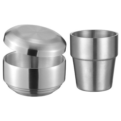 UPTALY 1 pcs Cereal Bowl with Lid, 1 pcs Coffee Mug (Silver Color, Large Type B), Thickened 18/10 Stainless Steel Tableware, Double Wall Heat Insulation, Rice Bowl with Saucer, Unbreakable Camping Mug