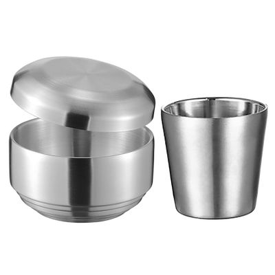 UPTALY 1 pcs Cereal Bowl with Lid, 1 pcs Coffee Mug (Silver Color, Small Type A), Thickened 18/10 Stainless Steel Tableware, Double Wall Heat Insulation, Rice Bowl with Saucer, Unbreakable Camping Mug