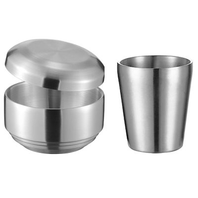 UPTALY 1 pcs Cereal Bowl with Lid, 1 pcs Coffee Mug (Silver Color, Large Type A), Thickened 18/10 Stainless Steel Tableware, Double Wall Heat Insulation, Rice Bowl with Saucer, Unbreakable Camping Mug