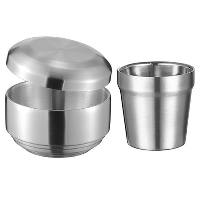 UPTALY 1 pcs Cereal Bowl with Lid, 1 pcs Coffee Mug (Silver Color, Small Type B), Thickened 18/10 Stainless Steel Tableware, Double Wall Heat Insulation, Rice Bowl with Saucer, Unbreakable Camping Mug