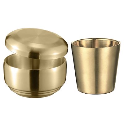UPTALY 1 pcs Cereal Bowl with Lid, 1 pcs Coffee Mug (Golden Color, Small Type A), Thickened 18/10 Stainless Steel Tableware, Double Wall Heat Insulation, Rice Bowl with Saucer, Unbreakable Camping Mug