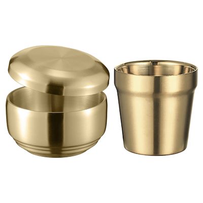 UPTALY 1 pcs Cereal Bowl with Lid, 1 pcs Coffee Mug (Golden Color, Small Type B), Thickened 18/10 Stainless Steel Tableware, Double Wall Heat Insulation, Rice Bowl with Saucer, Unbreakable Camping Mug