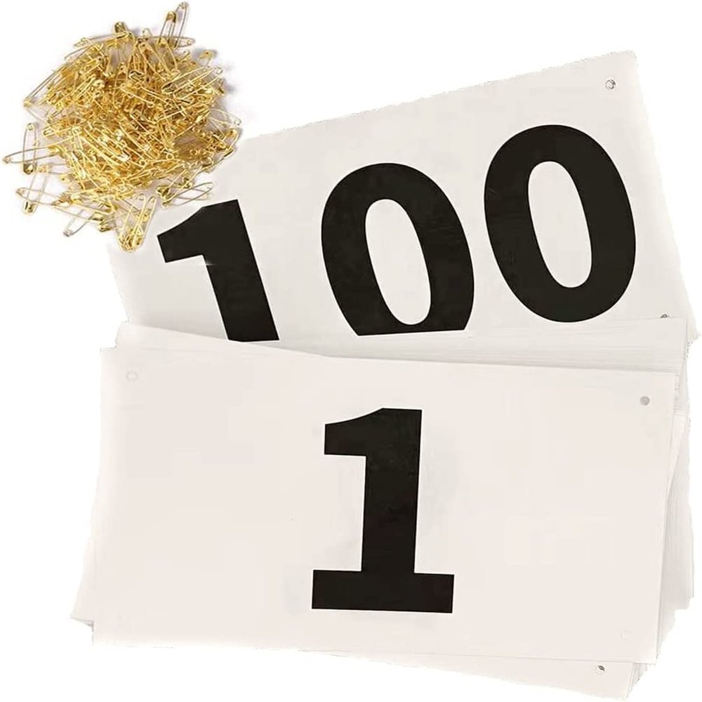 Kyzistn 1-100 Running Race Bibs Large Numbers with Safety Pins for Marathon Race Events- Tyvek Tearproof Waterproof (7X4Inch)