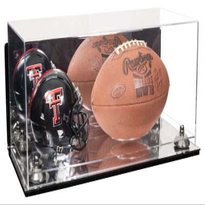 Better Display Cases Acrylic Display Case for Full Size Football and Mini Helmet - Large Rectangle Box with Mirror Case, Silver Risers, Wall Mount and Mirror Base 19.25" x 8.25" x 8" (B47/A103)