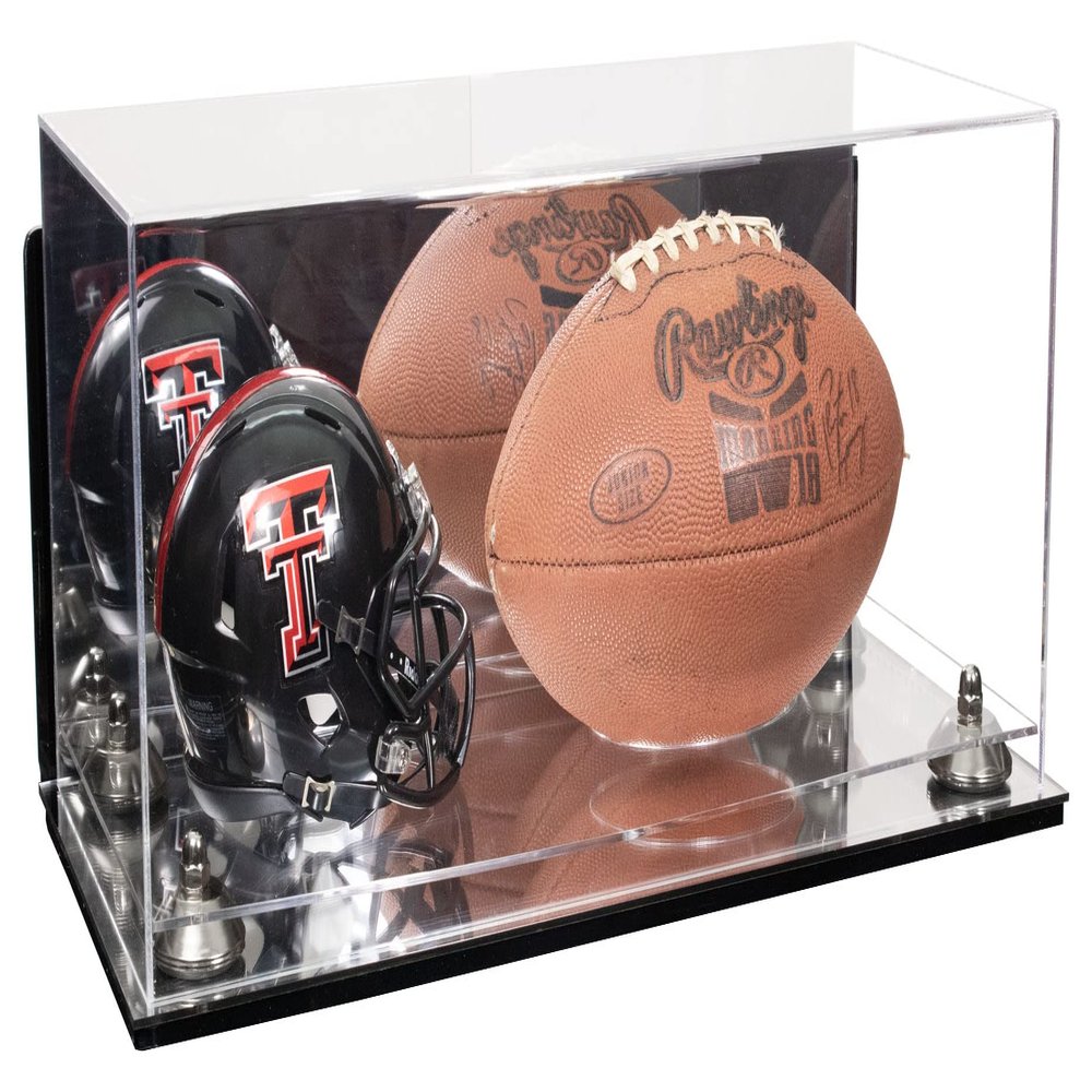 Better Display Cases Acrylic Display Case for Full Size Football and Mini Helmet - Large Rectangle Box with Mirror Case, Silver Risers, Wall Mount and Mirror Base 19.25" x 8.25" x 8" (B47/A103)