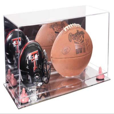 Better Display Cases Acrylic Display Case for Full Size Football and Mini Helmet - Large Rectangle Box with Mirror Case, Pink Risers and Mirror Base 19.25" x 8.25" x 8" (B47/A103)