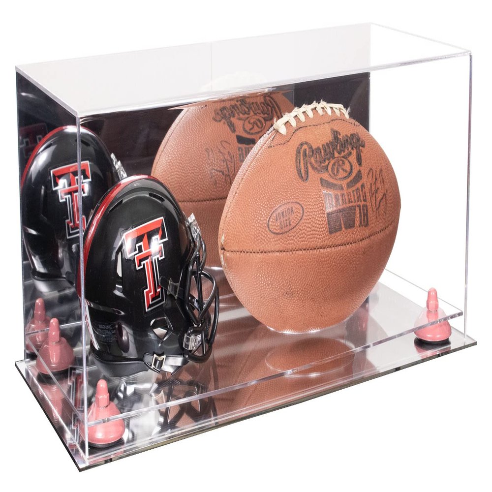 Better Display Cases Acrylic Display Case for Full Size Football and Mini Helmet - Large Rectangle Box with Mirror Case, Pink Risers and Mirror Base 19.25" x 8.25" x 8" (B47/A103)