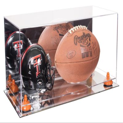Better Display Cases Acrylic Display Case for Full Size Football and Mini Helmet - Large Rectangle Box with Mirror Case, Orange Risers and Mirror Base 19.25" x 8.25" x 8" (B47/A103)