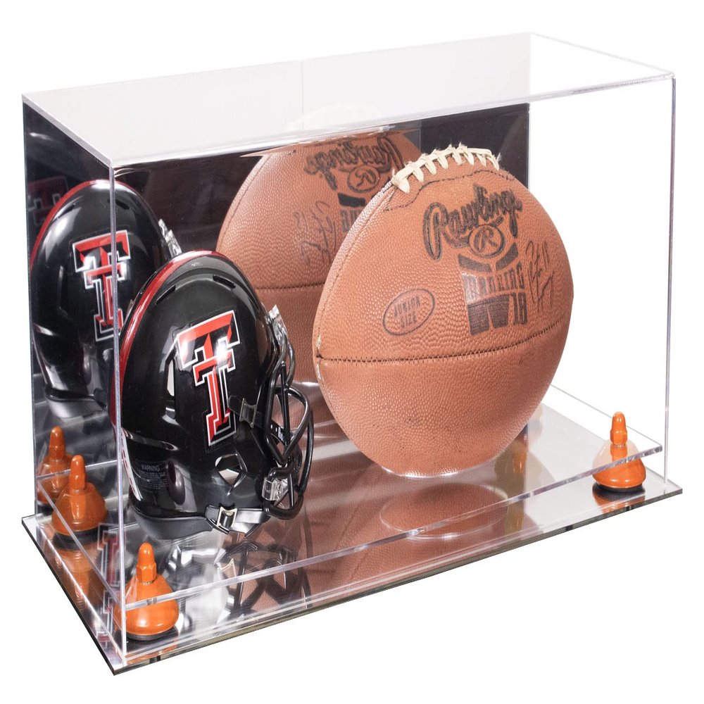 Better Display Cases Acrylic Display Case for Full Size Football and Mini Helmet - Large Rectangle Box with Mirror Case, Orange Risers and Mirror Base 19.25" x 8.25" x 8" (B47/A103)